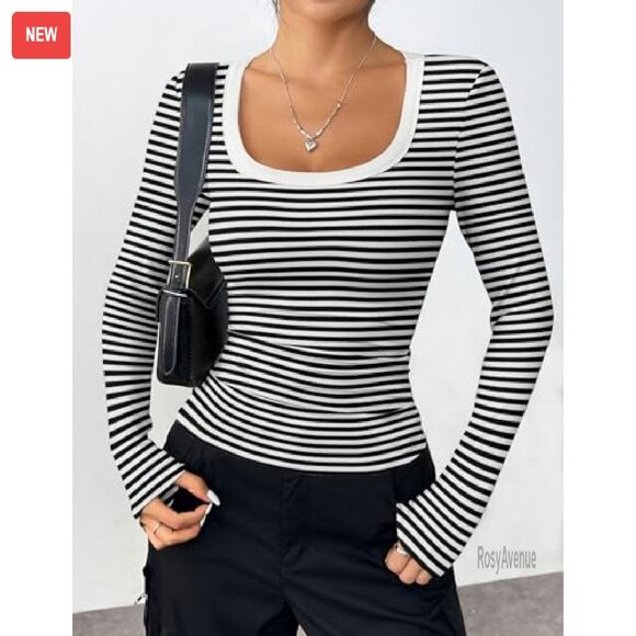 Long Sleeve Rib Knit Scoop Neck Tee Slim Fit Basic Top - Picture 3 of 8